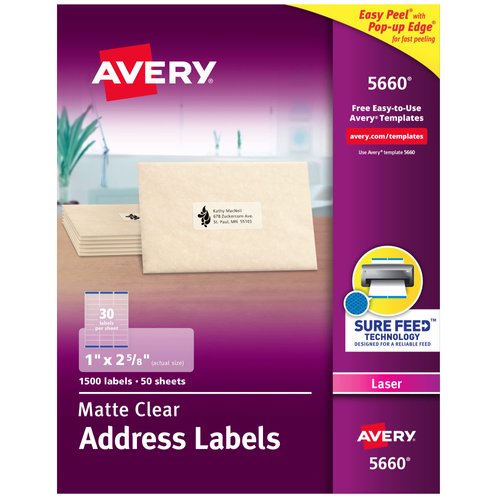 Avery Printable Address Labels with Sure Feed, 1" x 2-5/8", Matte Clear, 1,500 Blank Mailing Labels (05660)