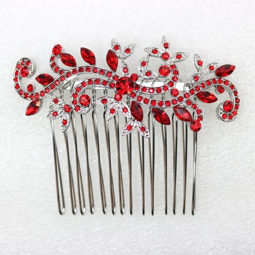 Faship Red Crystal Floral Hair Comb