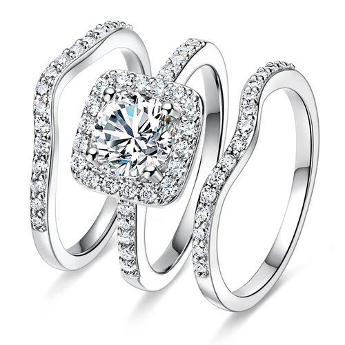 MDFUN 18K White Gold Plated Cubic Zirconia Three-in-One Halo Wedding Engagement Promise Eternity Ring for Women (9)