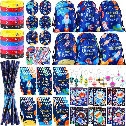 Abbylike 91 Pieces Space Party Favors Set Includes Drawstring Bags Silicone Bracelets Badge Buttons Keychains Spiral Notepads Pencils and Stickers for Kids Birthday Supplies Decorations Gifts