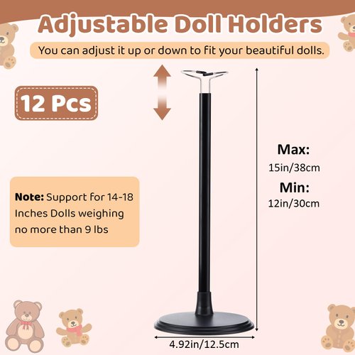 Yaocom 12 Pcs Adjustable Doll Stand Display Holder for 14 to 18 Inches Dolls Action Figure Stands with Expandable Waist Wire Bracket Support Dolls Display Rack for Home Shop Birthday Party, Black