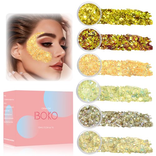 Boko 6pcs Body Glitter Gel, 60ML Total Gold Chunky Glitter Gel for Face Hair Body Glitter Makeup, Cosmetic Face Glitter Sequins for Halloween Christmas Mardi Gras Concert Party Rave Accessories