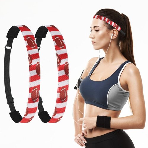 2PCS Football Headband for Women, Adjustable Non Slip Thin Stretch Elastic Red White Stripe Sports Headbands, Cute Stretchy Athletic Sports Hairband Hair Accessories for Kids Adult