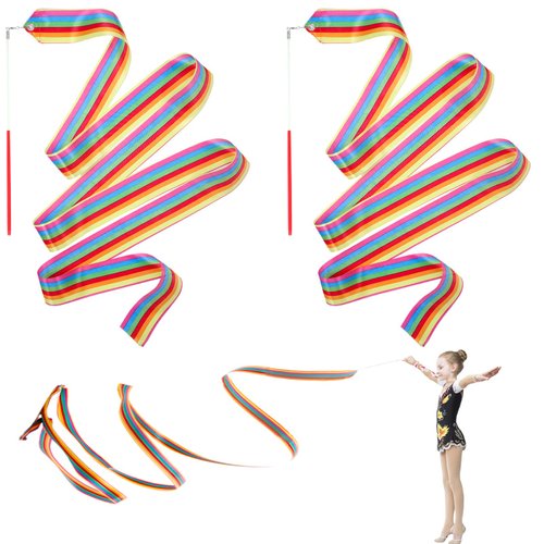 HiUnicorn 2PCS Rainbow Party Favors - Dance Ribbons for Kids Circus Carnival Rhythmic Gymnastics Birthday Party Decoration Supplies, Ribbon Baton Twirling Sticks Silks Streamers Wands for Girls