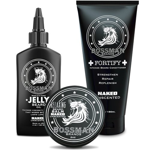Bossman Essentials Beard Kit for Men - Beard Oil Jelly, Fortifying Conditioner Cream, Beard Balm - Grooming Growth Care Accessories (Naked)