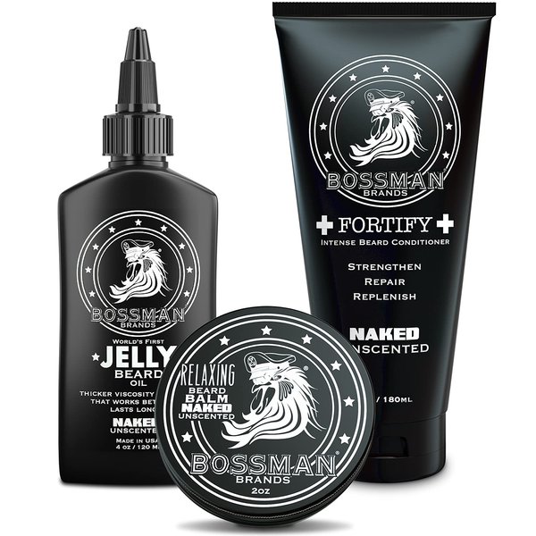 Bossman Essentials Beard Kit for Men - Beard Oil Jelly, Fortifying Conditioner Cream, Beard Balm - Grooming Growth Care Accessories (Naked)