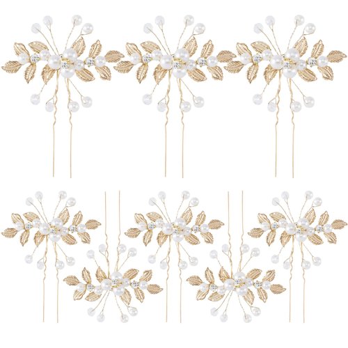 PAGOW 8Pcs Gold Leaves Hair Pins, Vintage Rhinestone Pearl Hair Comb Clips, Flower Hair Comb Small Headpiece, Faux Pearl Crystal Wedding Hair Piece Hair Accessory For Women Girls Brides Bridesmaids