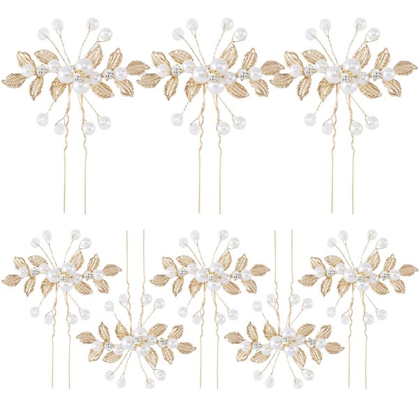 PAGOW 8Pcs Gold Leaves Hair Pins, Vintage Rhinestone Pearl Hair Comb Clips, Flower Hair Comb Small Headpiece, Faux Pearl Crystal Wedding Hair Piece Hair Accessory For Women Girls Brides Bridesmaids