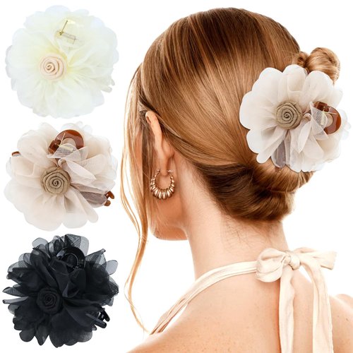 inSowni 3 Pieces Big Tulle Flower Hair Claws Floral Plastic Bun Updo Holders with Strong Hold Hair Clips Barrettes Accessories for Women Girls
