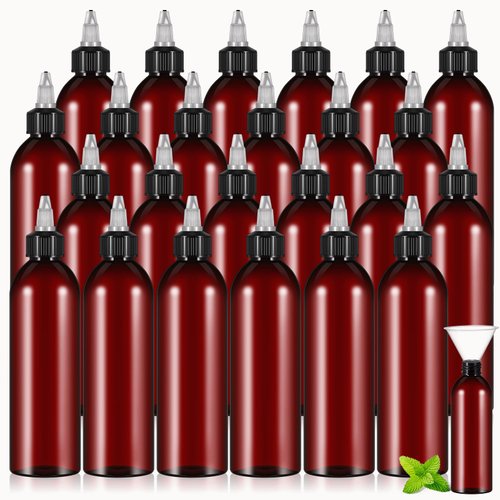 Barydat 24 Pcs Squeeze Bottle Twist Top Applicator Bottles Empty Hair Oiling Bottle with 4 Funnels Refillable Plastic Liquid Containers Plastic Bottles for Liquid Hair Oil Shampoo Lotion (Amber,8 oz)