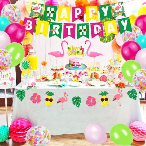 Hawaiian Flamingo Aloha Birthday Party Decorations Pack for Luau Summer Pool Aloha Tropical Pineapple Beach Themed Bday Party Supplies - Includes Glitter Cake Topper Banners and Balloons