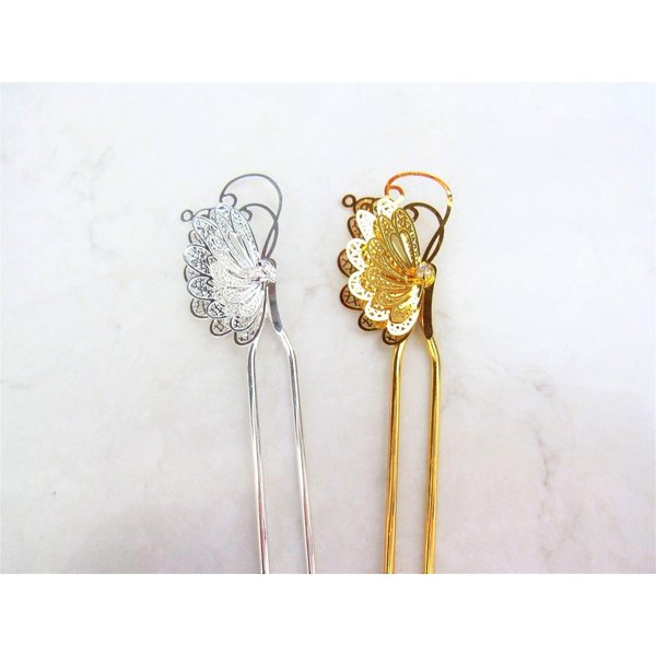 Generic Antique style silver or gold filigree butterfly hair stick pick pin with crystal (Primary color: Gold), 1 Count (Pack of 1)