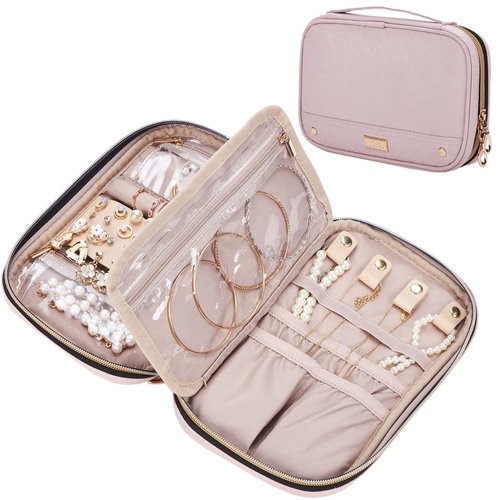 NISHEL Travel Jewelry Case, Travel Organizer for Necklaces, Earrings, Rings, Bracelets, Watch, Pink
