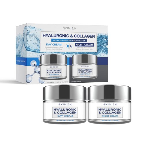 Skin 2.0 Vitamin C and Collagen Day & Night Face Moisturizer Duo Pack - Dermatologist Tested - Anti-Aging, Brightening Day Cream - Cruelty Free Korean Skin Care For All Skin Types - 1.69 Fl. oz x2