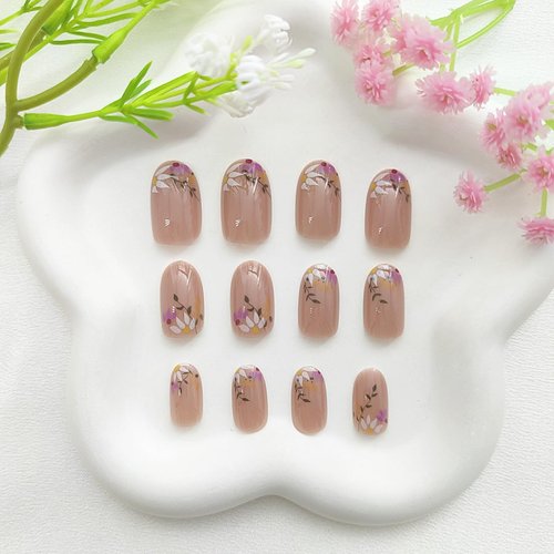 Almond Press on Nails Short Fake Nails with Floral Designs Cute Acrylic Nails Press ons Glossy Glue on Nails Nude Full Cover Artificial Stick on Nails for Women 24Pcs