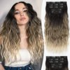 ALXNAN Clip in Hair Extensions, 16" Black to Brown and Light Blonde ombre Thick Long Mermaid Waves Hair Extensions Invisible Lace Weft Soft Hairpieces For Women