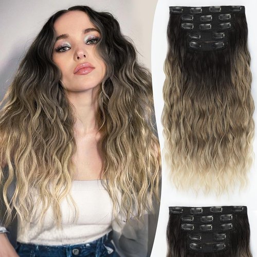 ALXNAN Clip in Hair Extensions, 16" Black to Brown and Light Blonde ombre Thick Long Mermaid Waves Hair Extensions Invisible Lace Weft Soft Hairpieces For Women