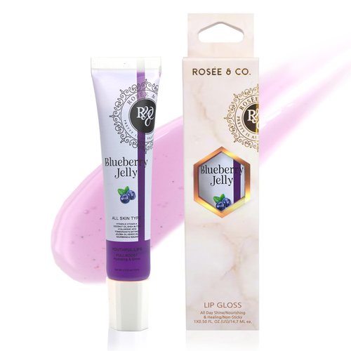 ROSÉE & CO Rosee Lip Gloss Vegan & Cruelty Free Treatment, Long Lasting Glossy with Shea Butter, Moisturize, Protect & Smooth - Clear (l.Blueberry Jelly)