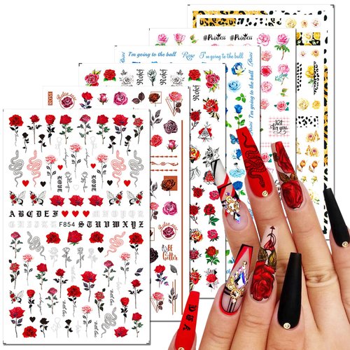6 Sheets Flower Nail Art Stickers 3D Blue Pink Red Rose Nail Decals Spring Summer Nail Art Supplies Leopard Snake Leaf Butterfly Floral Nail Designs Supply Nail Stickers for Acrylic Nails Decor