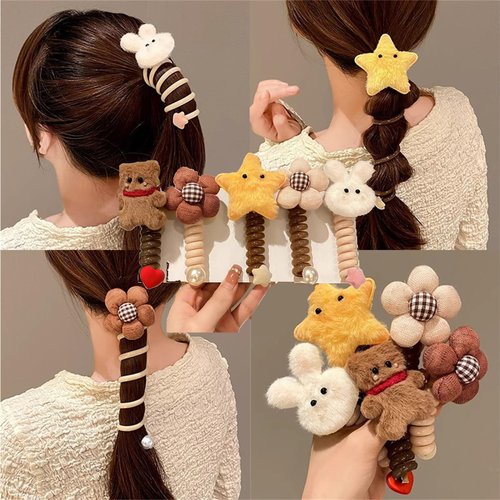 5 Pcs Colorful Telephone Wire Hair Bands Bowknot Braided Phone Cord Straight Spiral Hair Tie for Women Girl Kids #03