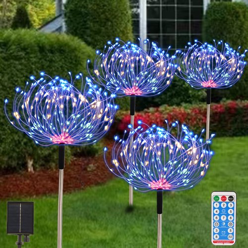 Fireworks Solar Lights Outdoor 4 Pack 480 LED Pathway Lights Solar Powered Starburst Fairy Lights Waterproof 8 Lighting Modes with Remote Control for Patio Christmas Yard Decorative(Multi-Colored)