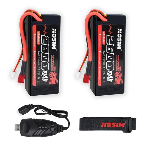 Hosim 2PCS 2S 7.4V 2600mAh Lipo Battery 25C with 1 USB Chargers & 1 Battery Strap RC Car Truck RC Vehicles Boat Battery Fit for X08 X07 X07W High Speed RC Cars 1/10 Scale