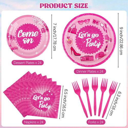 durony 96 Pieces Let's Go Party Supplies Serve 24 Guests Hot Pink Birthday Party Plates Disposable Paper Napkins Forks Bachelorette Decorations for Birthday Disco Pink Girl Party Decorations