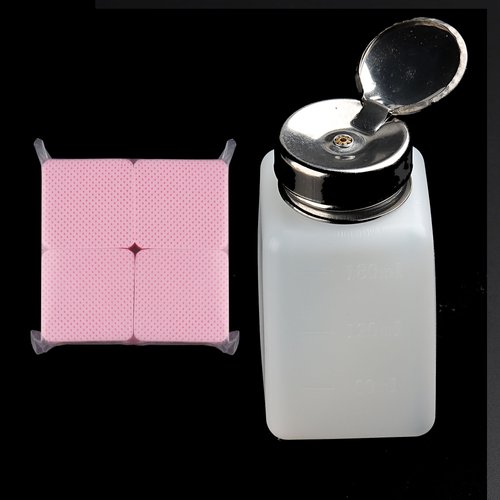 FSpronail Alcohol Dispenser 180ml Push Down Pump Dispenser 200Pcs Lint Free Nail Wipes, Push Down Empty Bottle Metal Nail Polish Remover Pump, Lip & Eye Makeup Remover Bottle