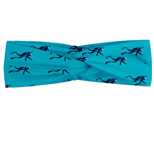 Lunarable Scuba Headband for Women, Repeating Diving Man Nautical Pattern, Elastic Comfy Hair Accessory Knotted Head Wrap Everyday Use, M-L, Sea Blue Night Blue