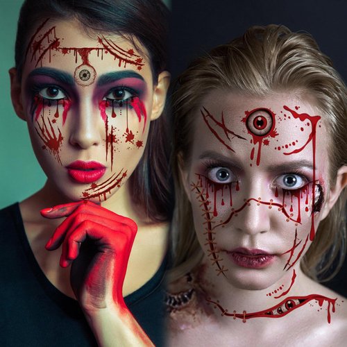 Halloween Prank Makeup Temporary Tattoo, 10 PCS Halloween Temporary Face Tattoos for Adults, Halloween Mouth Tattoos Stickers, Horror Clown Fake Face Scars Wound Tattoo Makeup Kit for Cosplay Party