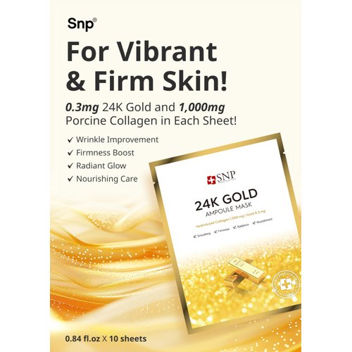 [K Beauty Snp] 24K Gold Ampoule Sheet Mask | Aging Prevention Face Mask | For Tightening, Hydrating, and Brightening | Korean Skin Care | Overnight Face Masks | Moisturizing Sheet Mask | 10 Sheets