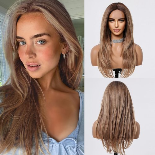 testar Long Blonde Straight Wigs For Women Blonde Brown Layered Wigs Lace In Hairline Natural Looking Heat Resistant Synthetic Wigs for Daily Party Use 26 IN