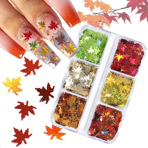 Fall Glitter Nail Sequins Maple Leaf Glitters Flakes 3D Holographic Laser Maple Leaves Shaped Nail Glitters Autumn Nail Art Stickers Decals Fall Nail Designs Sequin Confetti Glitter Leaves (6 Grids)