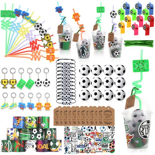 LiYiQ 158 Pcs Soccer Party Favors Soccer Party Supplies with Cup Straw Stress Ball Keychain Sticker Slaps Bracelets Whistle Thank You Tags for Soccer Birthday Decorations (Soccer)