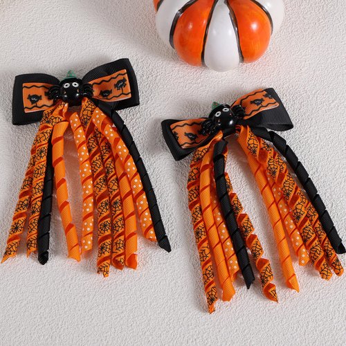 2pc Halloween Spider Hair Bows Kids Halloween Hair Clips for Girls Korker Curly Corker Tassel Ribbon Barrette Alligator Hair Pins Costume outfit Decor Accessories Party Favor Gift