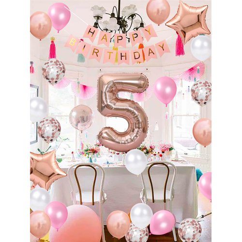 5th Birthday Decorations Rose Gold for Girls, 5th Birthday Banner Balloon for Girls, Number 5 Birthday Star Foil Balloons Latex Confetti Balloons for Girls Her 5 Years Old Birthday Supplies (5th)