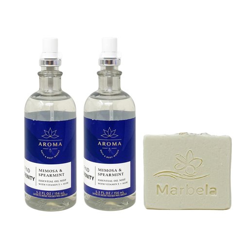 Bath & Body Works Aroma Find Serenity Mimosa & Spearmint 2 Pack Essential Oil Mist Gift Set with a Natural Oats Bar Soap - Full Size