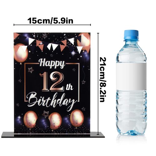 LINGTEER Birthday Decorations Balloon Stand Acrylic Table Centerpieces,Happy 12th Birthday Printed Poster Centerpieces Backdrop Party Decorations. - Black Set of 2