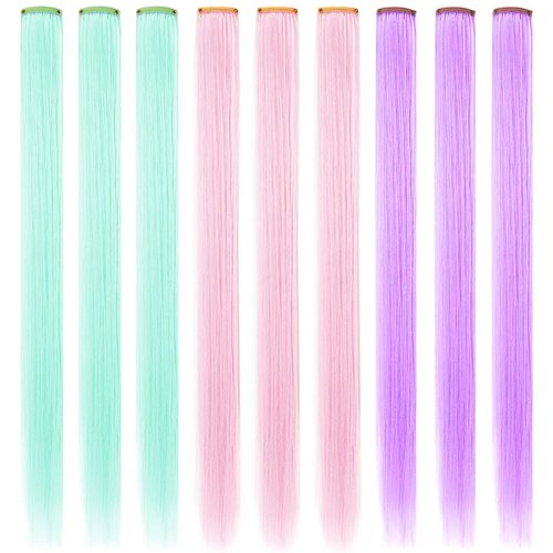 IAMERUI Multi-colors Party Highlights Straight Hair Colorful Clip in Synthetic Hair Extensions in Multiple Colors Heat Resistant Long Hairpiece 9PCS (Light pink Light purple Light green)