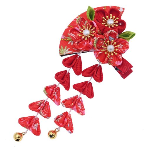 Japanese Style Women Flower Hair Clip Tassel Hair Ornament, Kimono Decor Fabric Hanfu Hairpin Accessories For Christmas Party Costume Gift (Red)