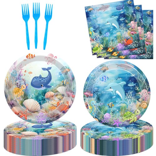 80 Pcs Under The Sea Party Supplies Ocean Disposable Paper Plates Napkins Forks Dinnerware for Underwater World Sea Life Theme Baby Shower 1st 2nd 3rd 4th Birthday Party Decorations