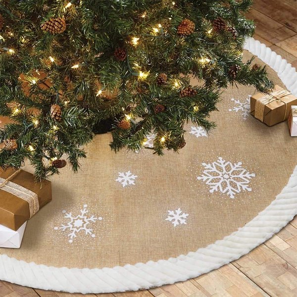 OurWarm Christmas Tree Skirt 48inch, White Snowflake Fur Burlap Tree Skirt for Xmas Decor Festive Holiday Decorations Indoor Outdoor