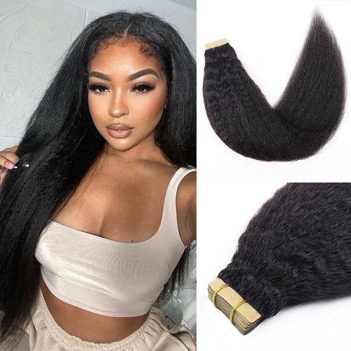 Homgoss Tape in Hair Extensions Real Human Hair Kinky Straight Tape in Extensions 20pcs Tape ins for Women Brazilian Remy Human Hair 50g (Natural Black, 22inch)