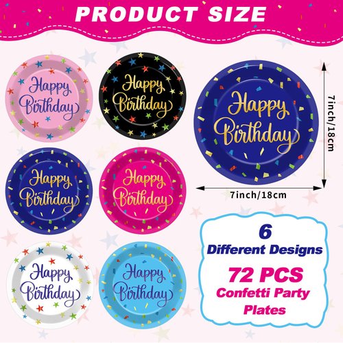 Naozinebi 72PCS Happy Birthday Plates Birthday Party Supplies Confetti Tableware Colorful Stars Plates Disposable Plate Dessert Paper Plates for Boys Girls Kids Baby Shower Favors Decors 7inch