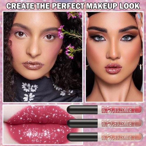QIUFSSE 3 PCS Glitter Liquid Lipstick Set Red Pink Lip Gloss Kit for Women Gothic Glitter Lip Kit for Halloween Makeup,Costume Party,Cosplay-Set A