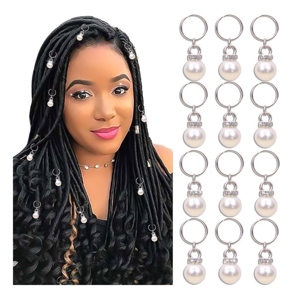 NAISKA 12PCS Silver Pearl Braid Clips Dreadlock Accessories Wedding Hair Pins Crystal Rhinestone Pearls Hair Jewelry for Women Braid Hair Clips Cuffs Braid Charms Rings Shiny Hair Accessories