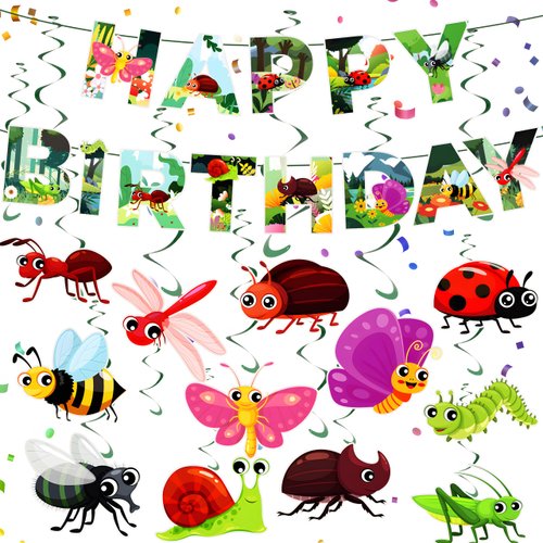 25PCS Bugs Birthday Party Decorations Summer Spring Happy Birthday Banner Bugs Hanging Swirls Insect Birthday Decoration for Kids Summer Bugs Insect Bee Butterfly Theme Birthday Party Supplies Decor