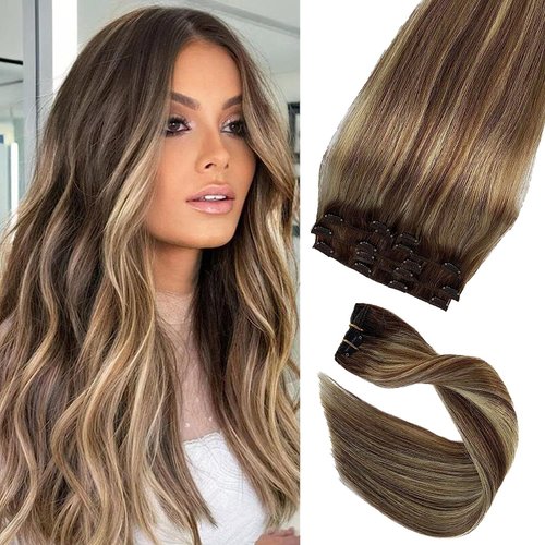 Human Hair Clip in Extensions Brown to Blonde Balayage Clip ins Extensions Remy Human Hair 16 Inch Clip on Extension Bleach Blonde Highlights Hair Extensions for Women Clip in 7Pcs 70g
