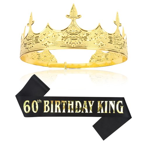 CIEHER 60th Birthday Sash & King Crown for Men，60th Birthday Crowns for Men Vintage Baroque Crown King Tiara 60th Birthday King Sash, 60th Birthday Gifts For Men, 60th Birthday Decorations Men
