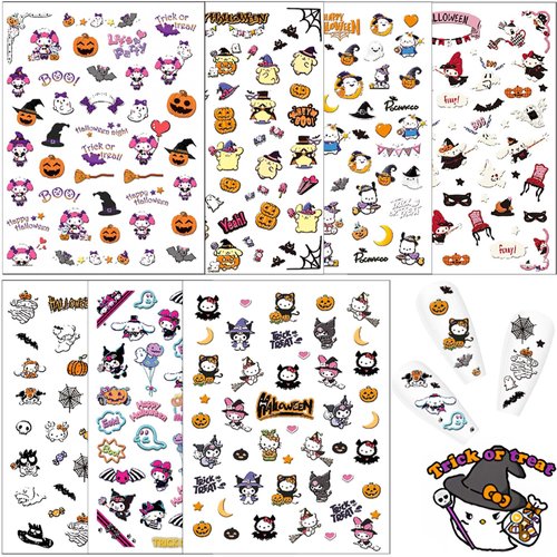 7 Pics 5D Halloween Nail Stickers, Small Cute Cartoon Nail Stickers for Kids, Girls and Women, Goth Nail Charms, Accessories for Nail Art, Pegatinas para Uñas